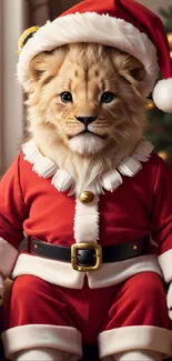 Lion cub dressed in Santa costume, sitting indoors with Christmas tree.