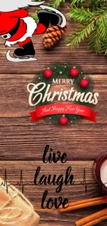 Christmas wallpaper with holiday decor and 'Live Laugh Love' message.