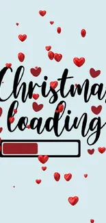 Christmas loading wallpaper with red hearts on light blue background.