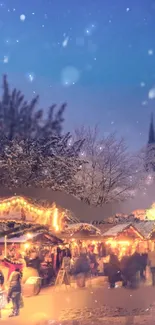 Snowy Christmas market with festive lights.