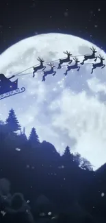 Santa's sleigh flies across a full moon on a wintry night.