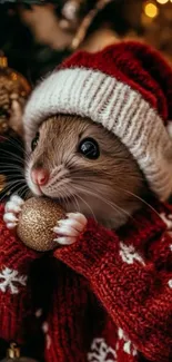A cute mouse in a Christmas sweater holding an ornament.