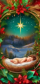 Festive wallpaper with a nativity scene featuring a baby under a starry sky.