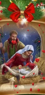 Christmas nativity scene wallpaper with red accents.