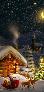 Santa and reindeer by a snowy cabin under a crescent moon.