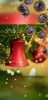 Festive wallpaper with red bell and ornaments.