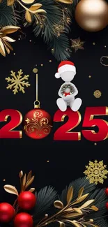 Festive 2025 New Year wallpaper with red and gold decor.