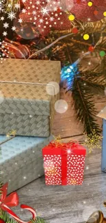 Christmas gifts under a decorated tree.