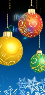 Colorful Christmas ornaments wallpaper with snowflakes.