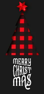 Red and black plaid Christmas tree with Merry Christmas text on black background.