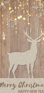 Brown Christmas wallpaper with reindeer and glowing stars.