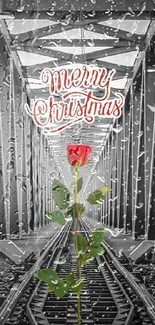 Christmas rose on a railway track with Merry Christmas text.