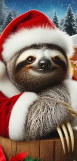 Adorable sloth dressed as Santa with a festive snowy background.