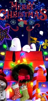 Snoopy and snowman with Christmas lights against snowy background.