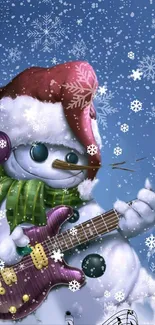 Snowman with guitar in snowfall, wearing a Christmas hat and green scarf.