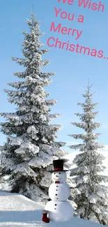 Snowman in snowy landscape with Christmas greeting in red.