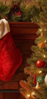 Red Christmas stockings hung over a cozy fireplace adorned with festive garlands.