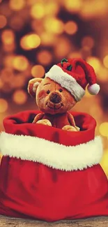 Festive teddy bear in Santa sack wallpaper.