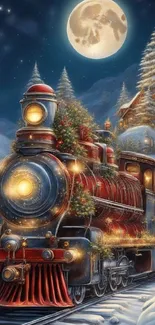 Christmas train in snowy night with full moon.