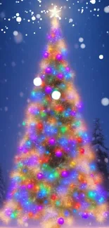 Vibrant Christmas tree glowing with colorful lights against a snowy night backdrop.