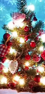 Christmas tree with glowing heart ornaments and snowy blue background.