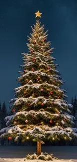 Snowy Christmas tree glowing under a starlit winter night.