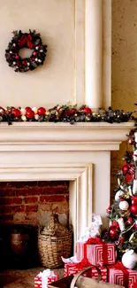 Styled Christmas tree and gifts beside a fireplace with a holiday wreath.