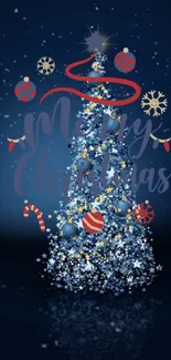 Blue Christmas tree wallpaper with shimmering decorations.