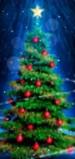 Festive Christmas tree with lights on a starry blue night background.