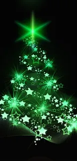 Green Christmas tree with stars glowing on mobile wallpaper.