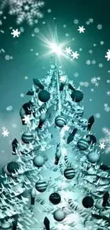 Festive teal Christmas tree with snowfall design.