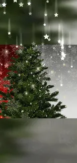 Christmas tree with stars and snowflakes on festive background.