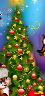 Christmas tree with ornaments and cartoon owl illustration.