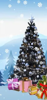 Festive Christmas tree with gifts in snowy winter backdrop.