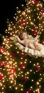 Baby figurine on a lit Christmas tree, festive mobile wallpaper.