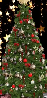 Festive Christmas tree with ornaments and starry background.