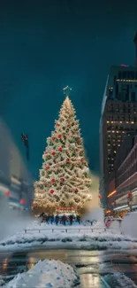 Festive city scene with large Christmas tree glowing at night.