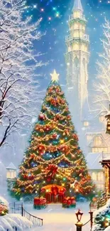 Christmas village with tree and snow scene wallpaper.