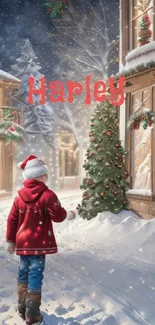 Child in festive village scene with snow and Christmas trees.