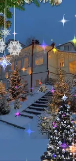 Cozy winter house with festive lights and snow-covered landscape.