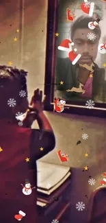 Child gazes at Christmas-themed mirror with festive decorations.