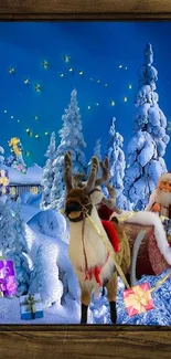 Santa and reindeer in snowy Christmas scene.