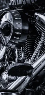 High-definition image of a chrome motorcycle engine with detailed metal parts.