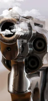 Close-up view of a chrome revolver with detailed metallic finish.