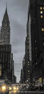 Chrysler Building and city street lights at night.