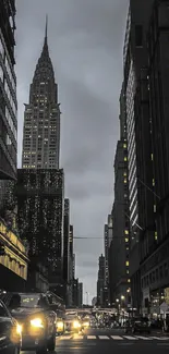 Chrysler Building night cityscape with glowing street lights.