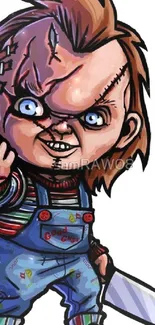 Cartoon depiction of Chucky with a knife, vibrant and detailed.