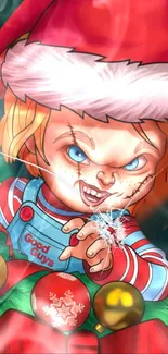 Chucky in a Santa hat with holiday ornaments and festive colors.