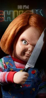 Creepy Chucky doll holding a knife, horror-themed wallpaper.