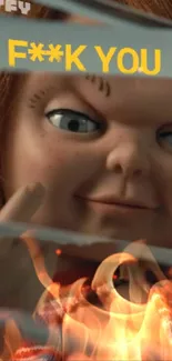 Chucky doll with fiery background, intense expression.